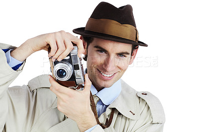 Buy stock photo Detective, photographer and portrait with man in studio for surveillance, reporter and investigation. Photography, press and secret with agent on white background for vintage, paparazzi or journalist