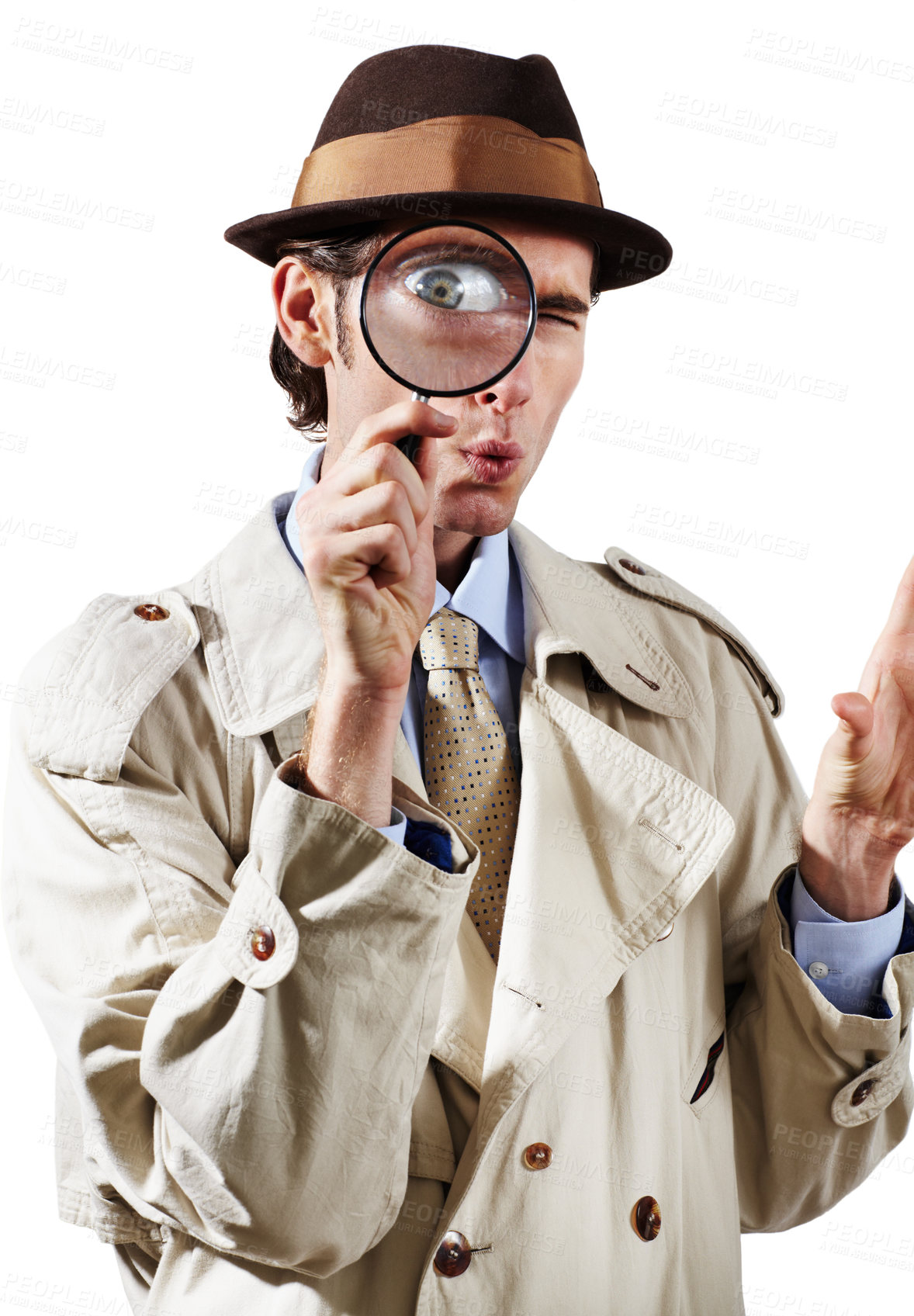Buy stock photo Private investigator, magnifying glass and portrait of man in studio for detective, searching and looking. Spy, investigation and male person with magnifier for secrets, information and mystery clue