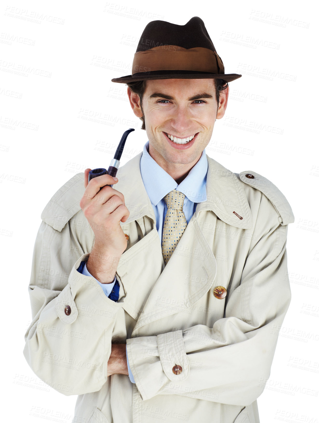 Buy stock photo Vintage spy, studio portrait and pipe for smoking, smile and investigation by white background. Isolated agent, private investigator and happiness with smoke, surveillance and inspection by backdrop