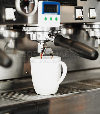 Buy stock photo Pouring coffee, cup and machine in cafe for cappuccino, latte beverage or hot drink. Restaurant, electrical appliance and caffeine mug for making or brewing espresso in retail shop or small business.