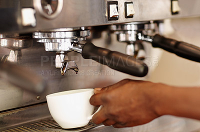 Buy stock photo Hand, woman barista using coffee machine and expresso or latte being made. Closeup, female waiter working in restaurant or cafeteria and cup with brewing process making a hot drink or beverage