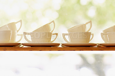 Buy stock photo Collection, tea or coffee mug closeup and porcelain cup with plate on window shelf with background mockup. White, ceramic and breakfast catering service set for party and cafe, hotel or restaurant 
