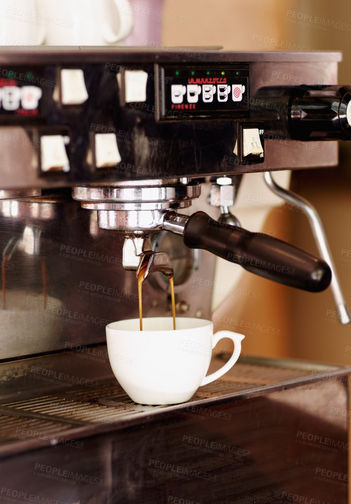 Buy stock photo Pouring coffee, mug and machine in cafe for espresso, latte beverage or hot drink. Restaurant, electrical appliance and caffeine cup for making or brewing cappuccino in retail shop or small business.