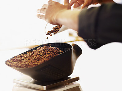 Buy stock photo Coffee beans, scale and closeup of hands of barista weighing for retro, espresso and restaurant. Cappuccino, beverage and brewing with ground caffeine product and person for shopping, cafe and retail
