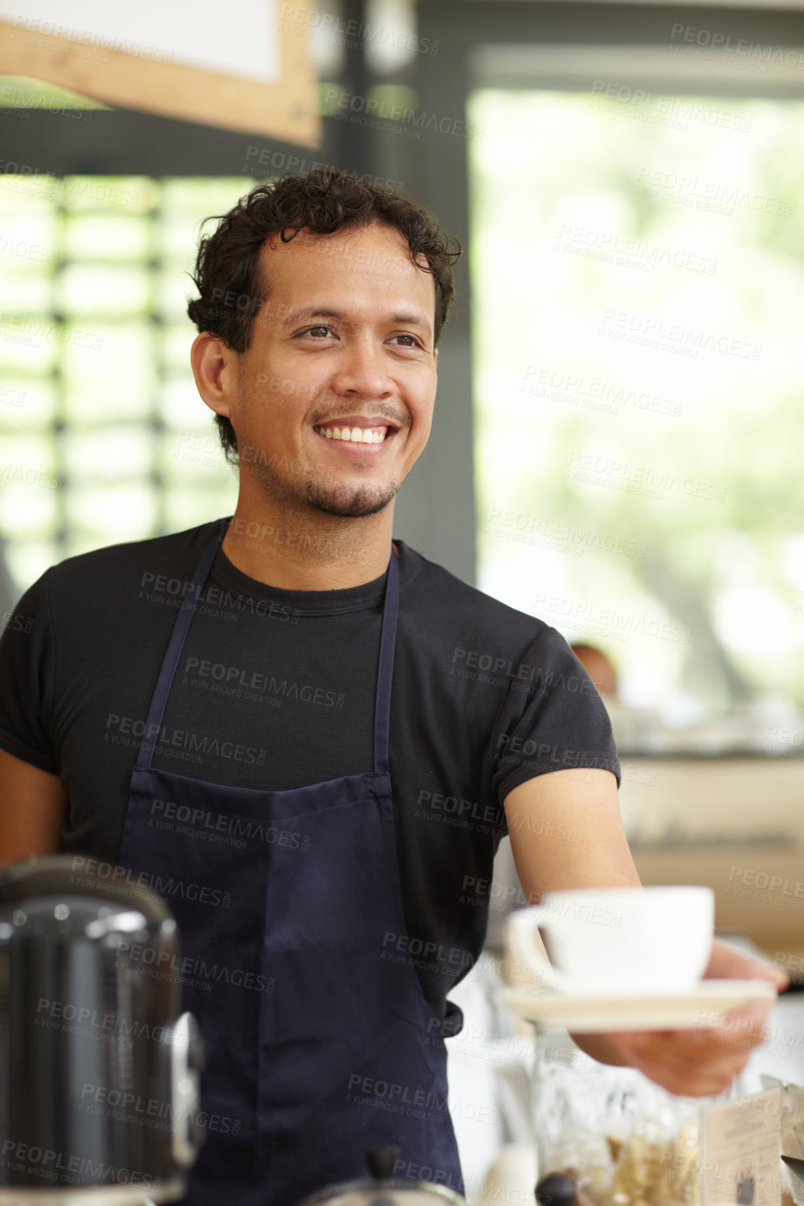 Buy stock photo Coffee shop, barista and a man serving cup as small business, restaurant or startup owner. Smile of a happy entrepreneur man working as a waiter or manager with a drink or tea in a cafeteria or cafe