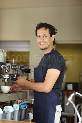 Buy stock photo Coffee machine, barista and smile portrait of a man as small business, restaurant or startup owner. Happy entrepreneur man working as a waiter or manager in a cafeteria, cafe or shop for service