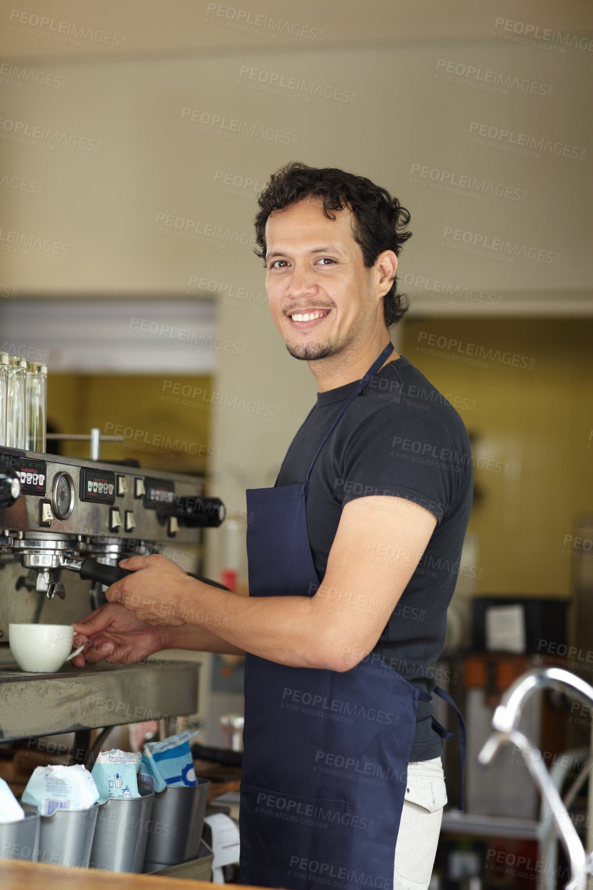 Buy stock photo Coffee machine, barista and smile portrait of a man as small business, restaurant or startup owner. Happy entrepreneur man working as a waiter or manager in a cafeteria, cafe or shop for service