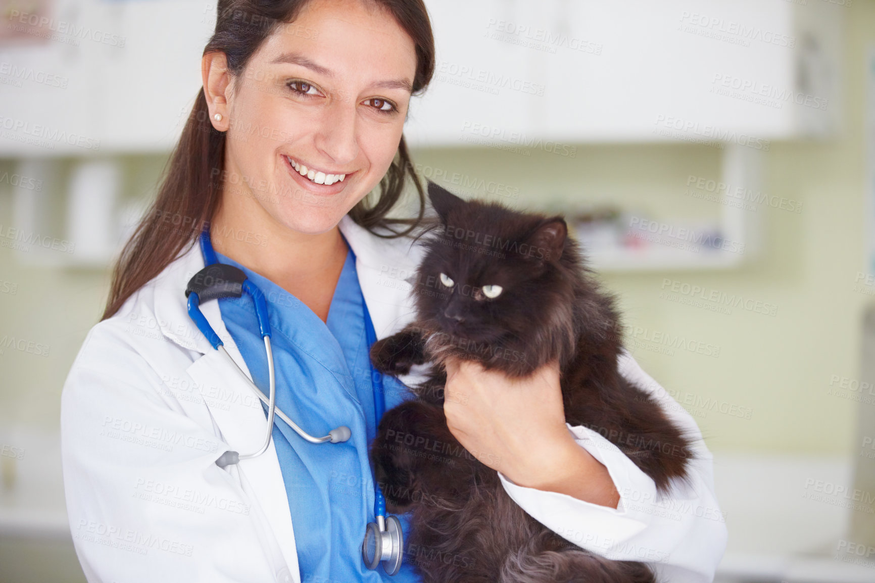 Buy stock photo Vet clinic portrait, cat and happy woman for medical help, wellness healing services or healthcare support. Happiness, veterinary job experience or hospital veterinarian smile for feline checkup