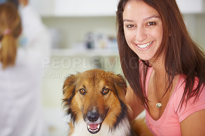 Buy stock photo Vet portrait, dog and happy woman, owner or client for medical help, wellness healing services or animal healthcare support. Patient, veterinary or hospital customer smile for pet canine consultation
