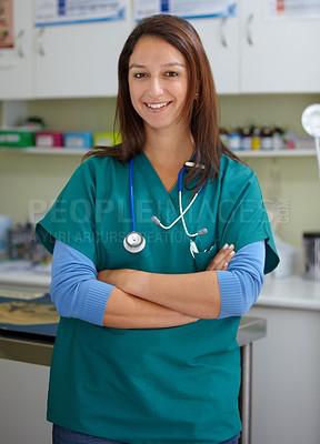 Buy stock photo Happy woman, portrait and veterinarian professional at clinic for animal care, shelter or healthcare service. Female person, nurse or medical pet surgeon smile with arms crossed in confidence at vet