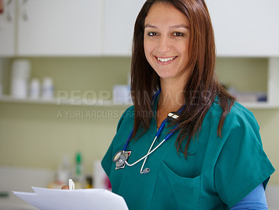 Buy stock photo Veterinary portrait, clinic documents and happy woman with test results, assessment notes or animal healthcare nursing info. Pet service, job experience or veterinarian smile for vet feedback support