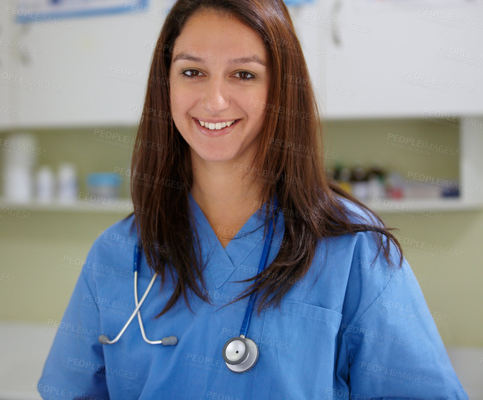 Buy stock photo Happy woman, portrait and veterinarian nurse at clinic for animal care, shelter or health service. Face of female person, nurse or medical pet surgeon smile in confidence for healthcare at vet