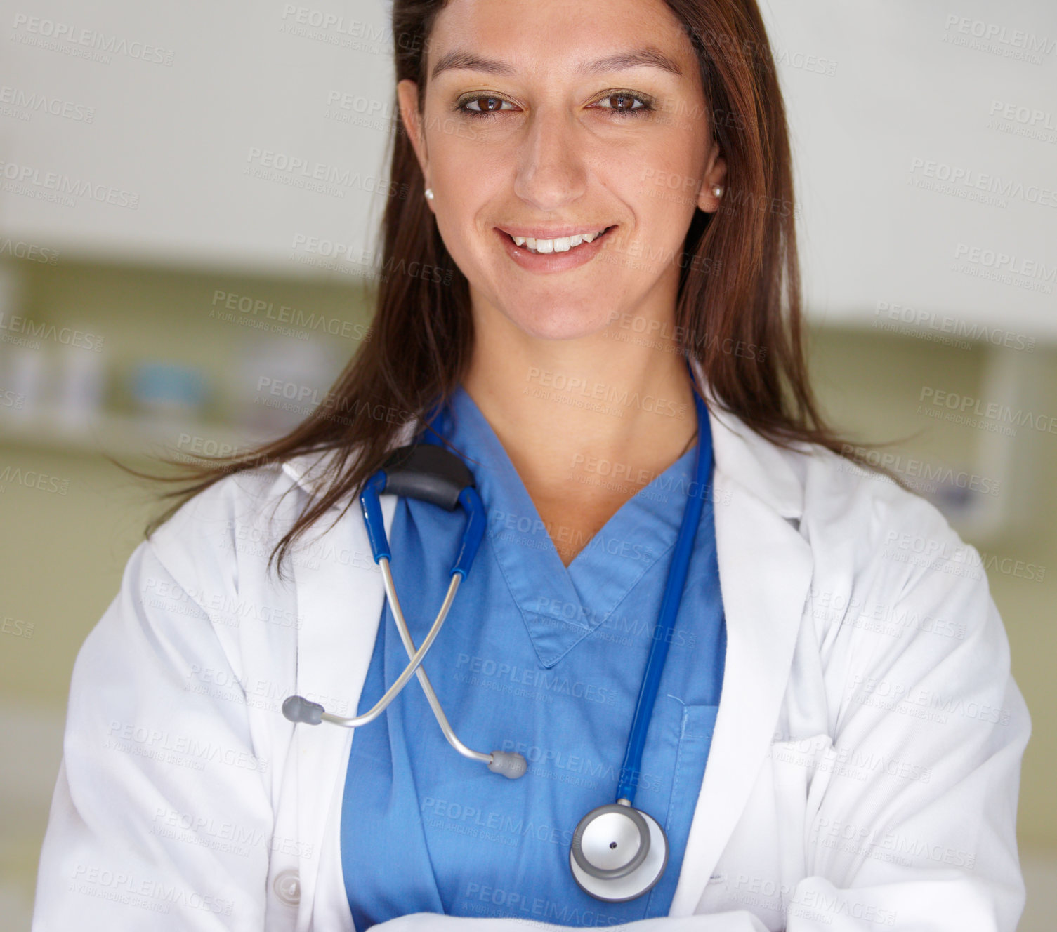 Buy stock photo Happy woman, portrait and veterinarian doctor at clinic for animal care, shelter or health service. Face of female person, nurse or medical pet surgeon smile in confidence for healthcare at vet
