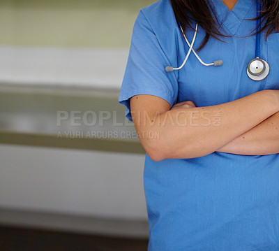 Buy stock photo Woman, nurse and arms crossed of professional veterinarian for healthcare or domestic animal service. Closeup of female person, doctor or medical surgeon in confidence at pet shelter, clinic or vet