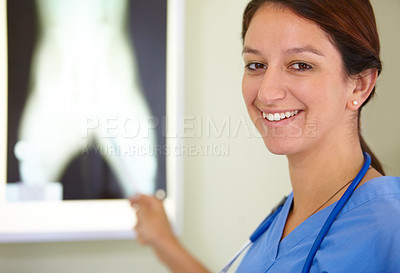Buy stock photo Happy woman, portrait and veterinarian nurse with xray of animal for examination, tests or diagnosis on injury at vet. Female person, doctor or medical pet professional with CT scan or MRI at clinic