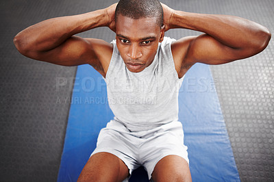 Buy stock photo Gym, sit ups and black man with fitness, exercise and core training with wellness, strong and bodybuilding. African person, athlete and guy with workout routine, health and movement with endurance