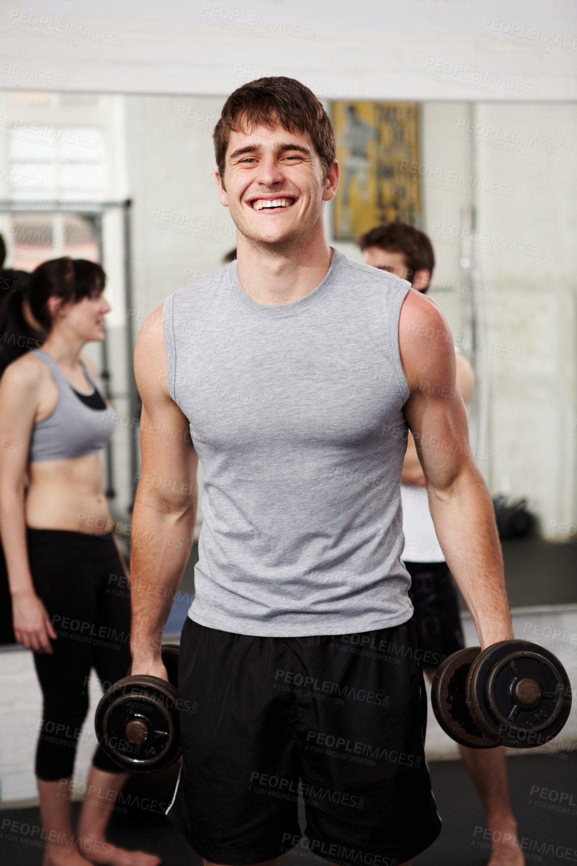 Buy stock photo Portrait, smile and man with fitness, weights and training with progress, challenge and funny. Person, athlete and guy with gym equipment, workout and health with wellness, exercise and bodybuilding
