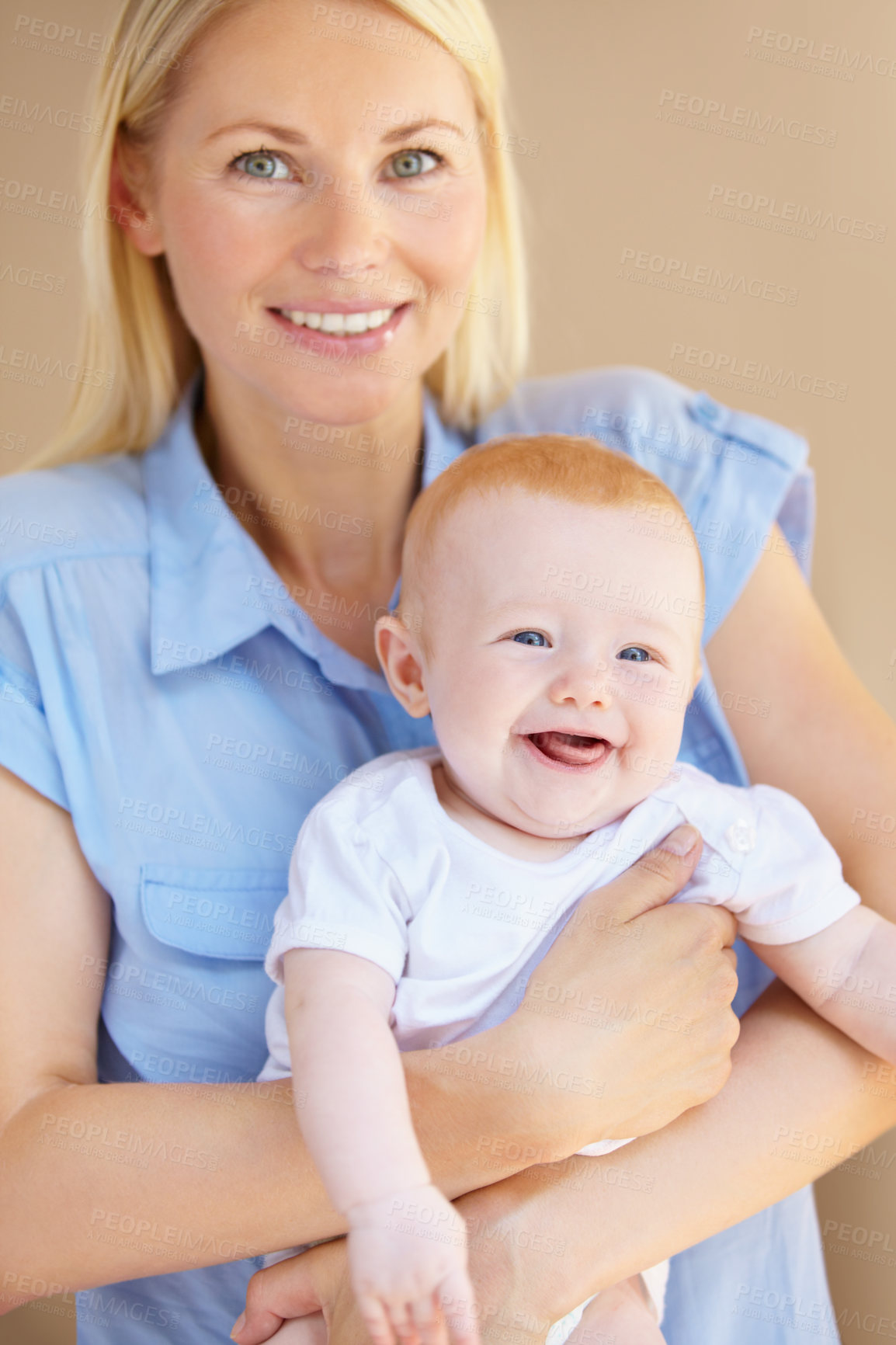 Buy stock photo Portrait, smile or home mother, baby or family happiness for newborn child growth, mom youth care or maternity. Happy face, smile and mama holding, hug or embrace toddler for bonding, nurture or love