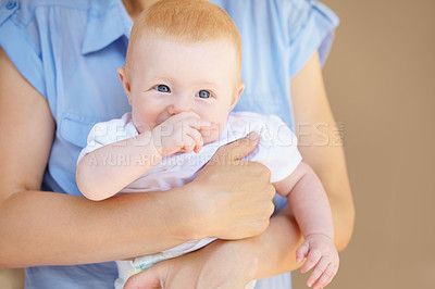 Buy stock photo Parents hands, baby and family support, safety and carry newborn child, youth care or maternity. Toddler security, protection and person holding young infant together for trust bond, comfort or love