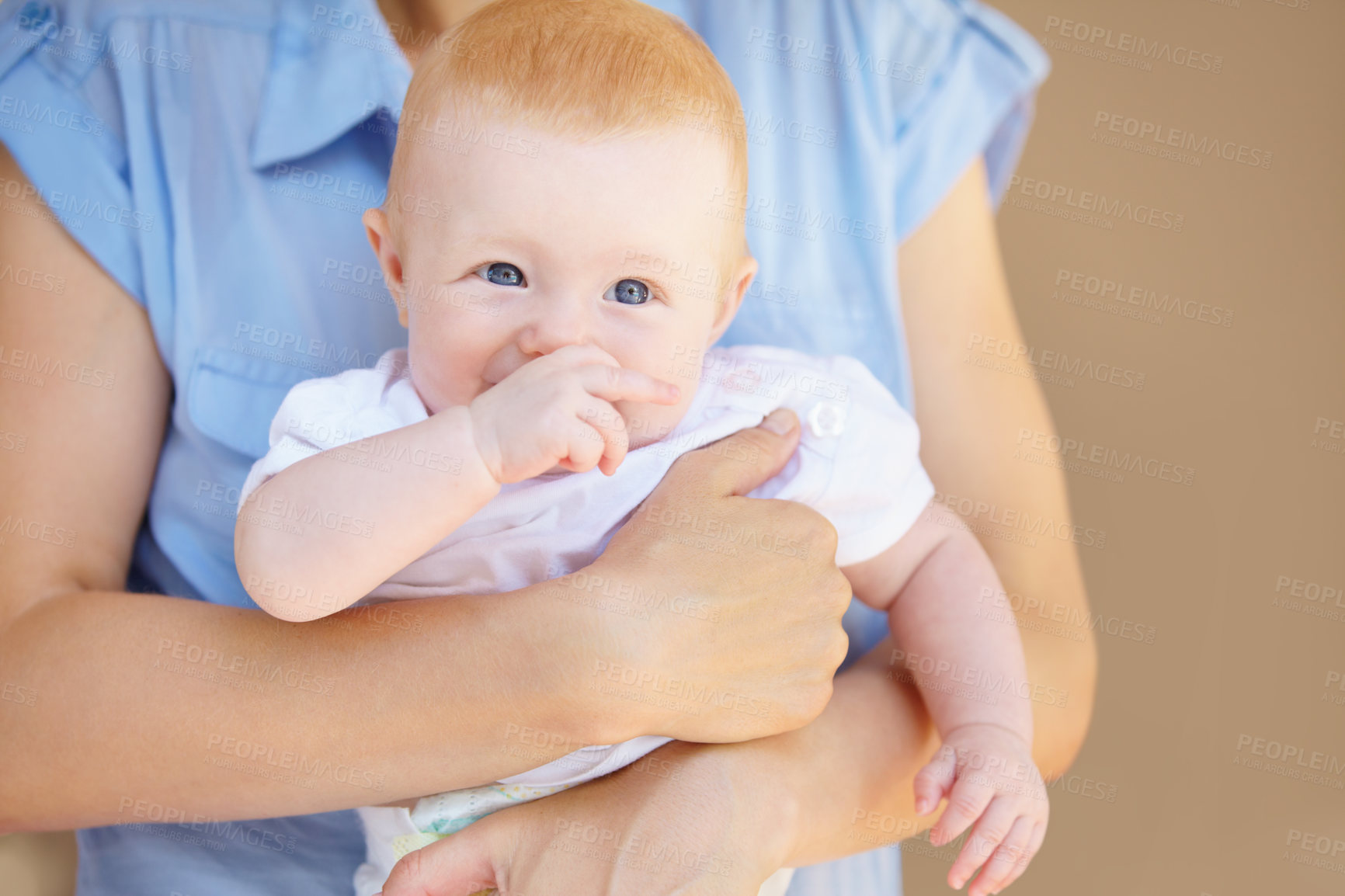 Buy stock photo Parents hands, baby and family support, safety and carry newborn child, youth care or maternity. Toddler security, protection and person holding young infant together for trust bond, comfort or love