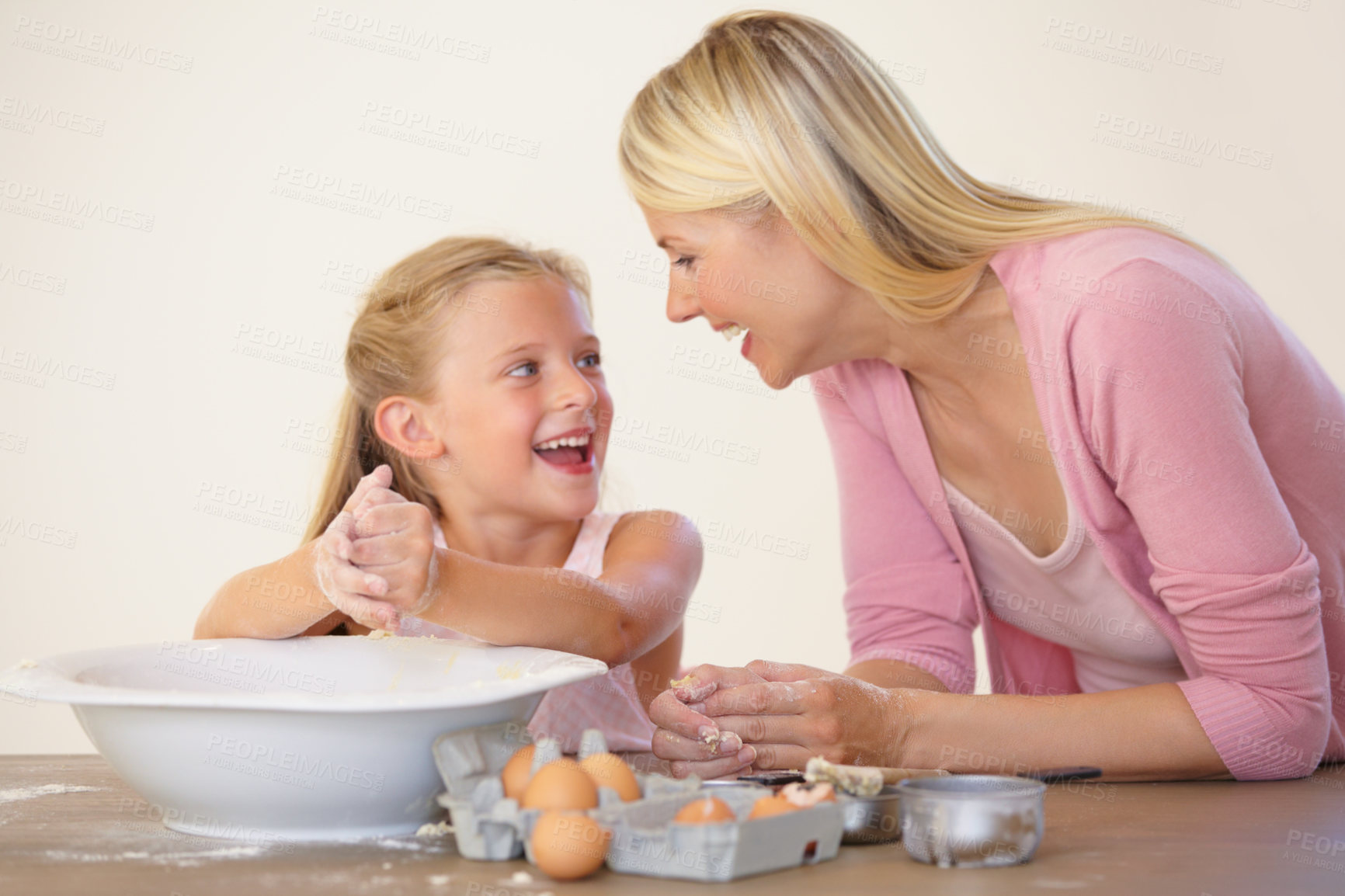 Buy stock photo Eggs, baking and happy family bonding, love and excited mother and daughter prepare recipe, wheat flour or ingredients. Kitchen bowl, mama and youth kid girl learning home cooking together with mom