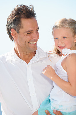 Buy stock photo Father, daughter and portrait with smile outdoor for relax, peace and love with bonding and relationship in Thailand. Family, man and girl child with happy in nature for care, break and enjoyment