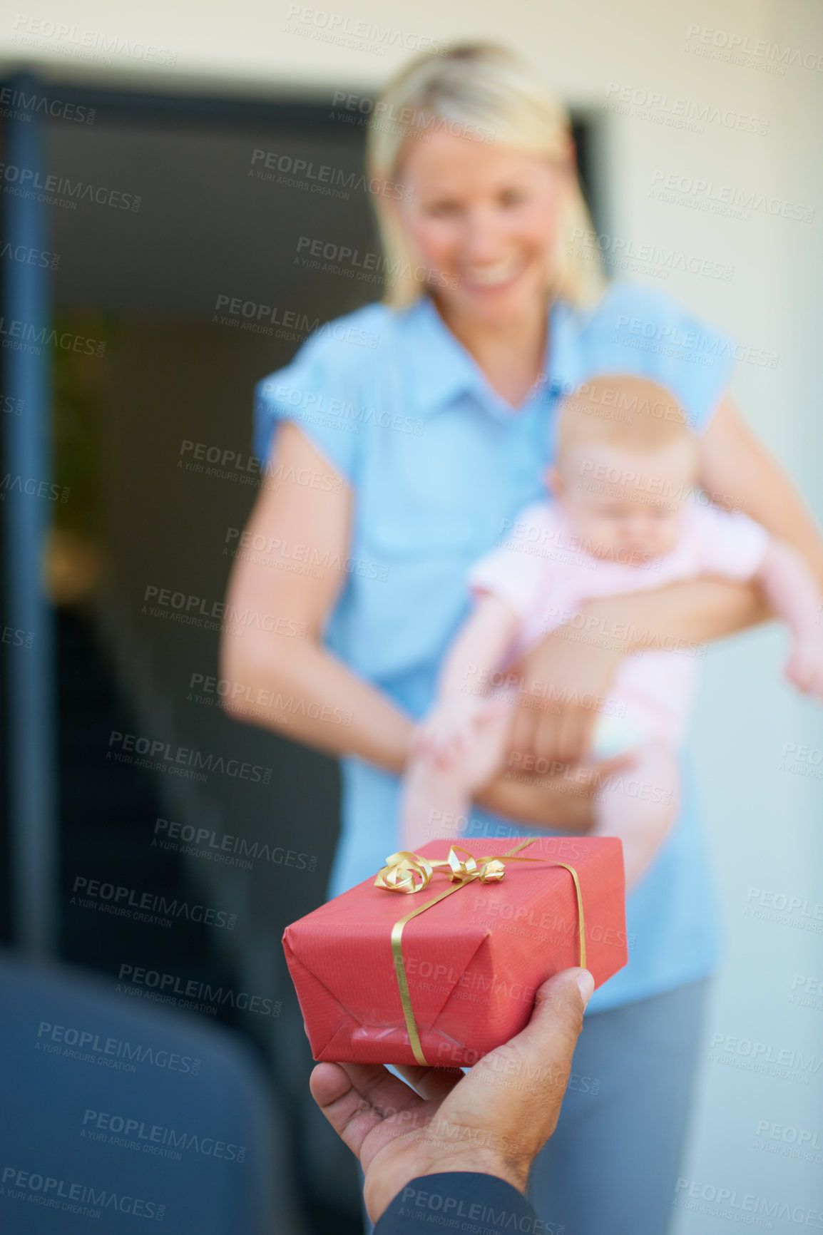 Buy stock photo Husband, wife and present for surprise, smile and happiness with baby, love and appreciation. Gift box, romance and good news for marriage, relationship and announcement with romantic partner
