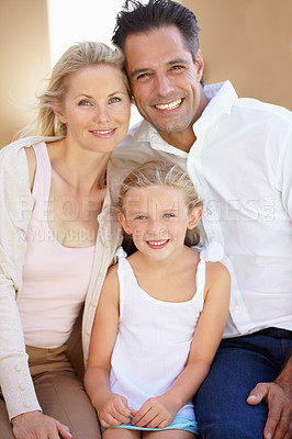 Buy stock photo Family, portrait and happy outdoor with relax, peace and love for bonding and relationship in Thailand. Parents, girl child and face with smile on holiday or vacation with care, break and enjoyment