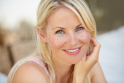 Buy stock photo Portrait of a beautiful mature woman smiling at you
