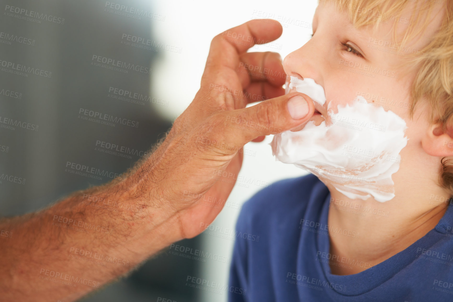 Buy stock photo Shaving, dad and child with cream on face, smile and bonding in home with morning routine. Teaching, learning and father with happy son in bathroom for facial shave, clean fun and grooming together.
