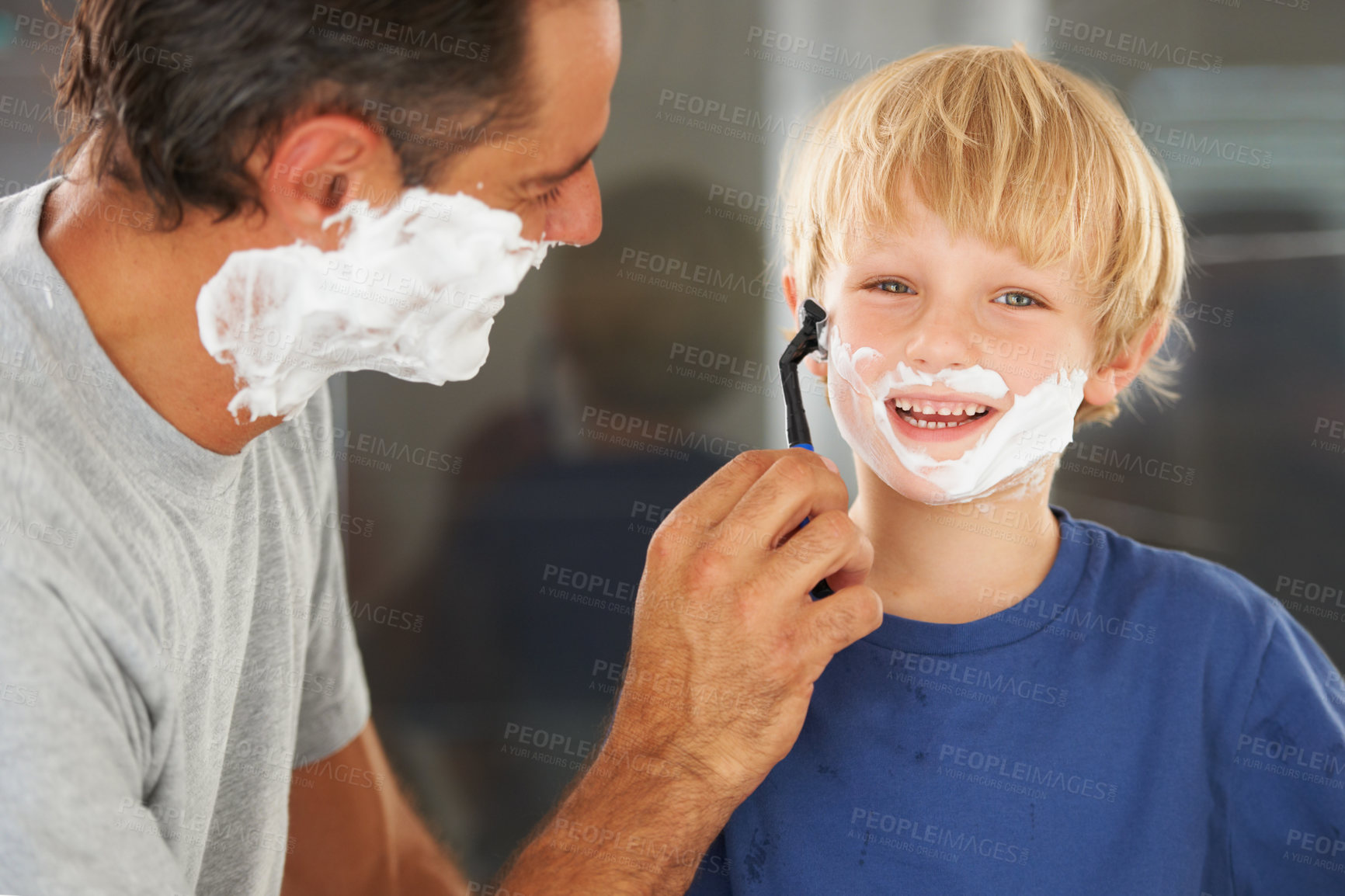 Buy stock photo Shaving, dad and child with cream, razor on face and bonding in home with morning routine. Teaching, learning and father with happy son in bathroom for facial, clean fun and grooming together.