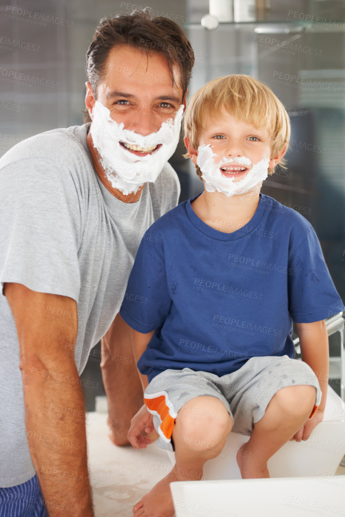 Buy stock photo Shaving, portrait of dad and child with cream on face, smile and bonding in home with morning routine. Love, happiness and father with son in bathroom for facial, clean fun or grooming together