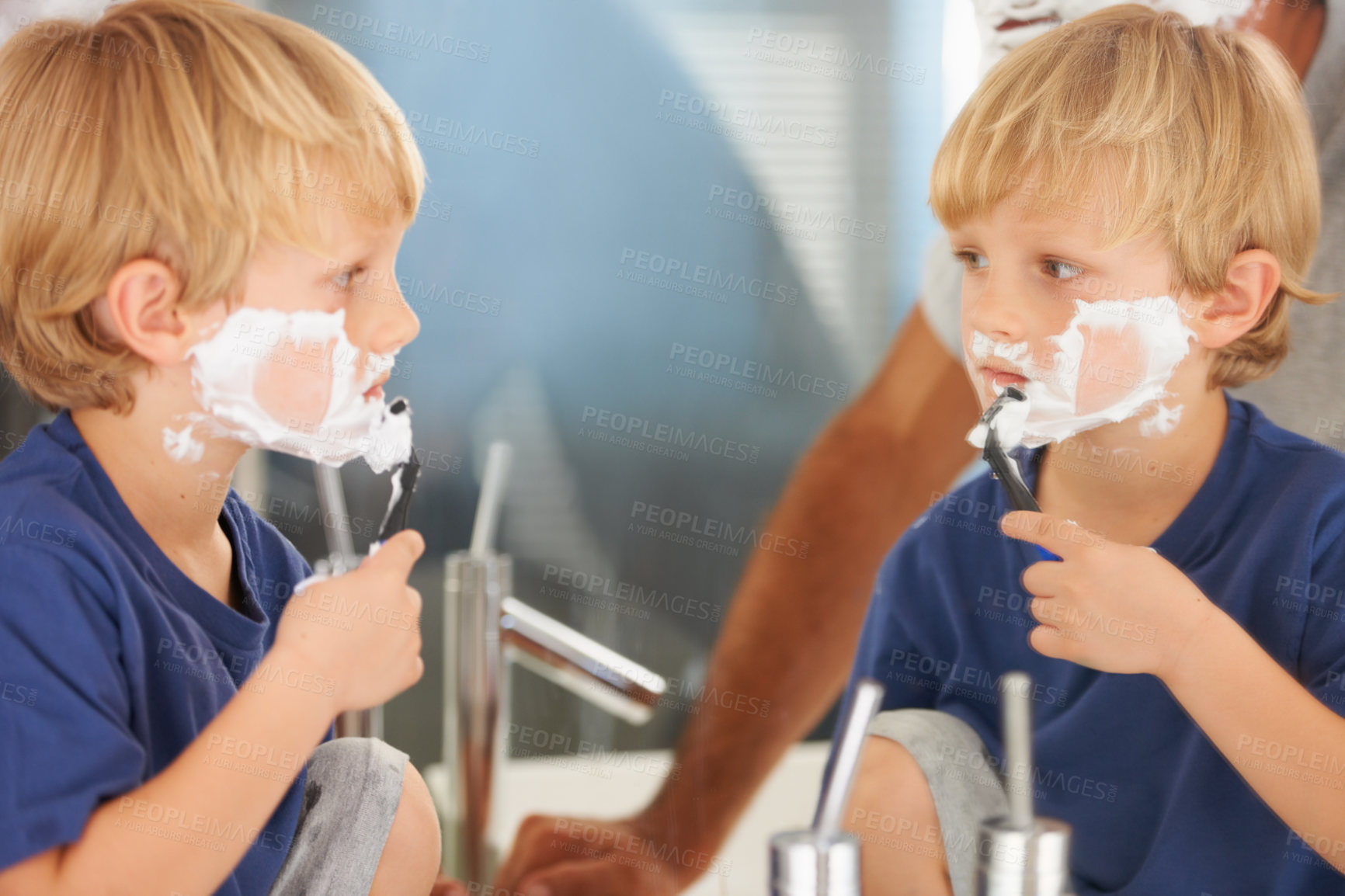 Buy stock photo Shaving, dad and son with cream, razor on face and bonding in home with morning routine. Teaching, learning and father helping child in bathroom for facial shave, clean foam and grooming together.