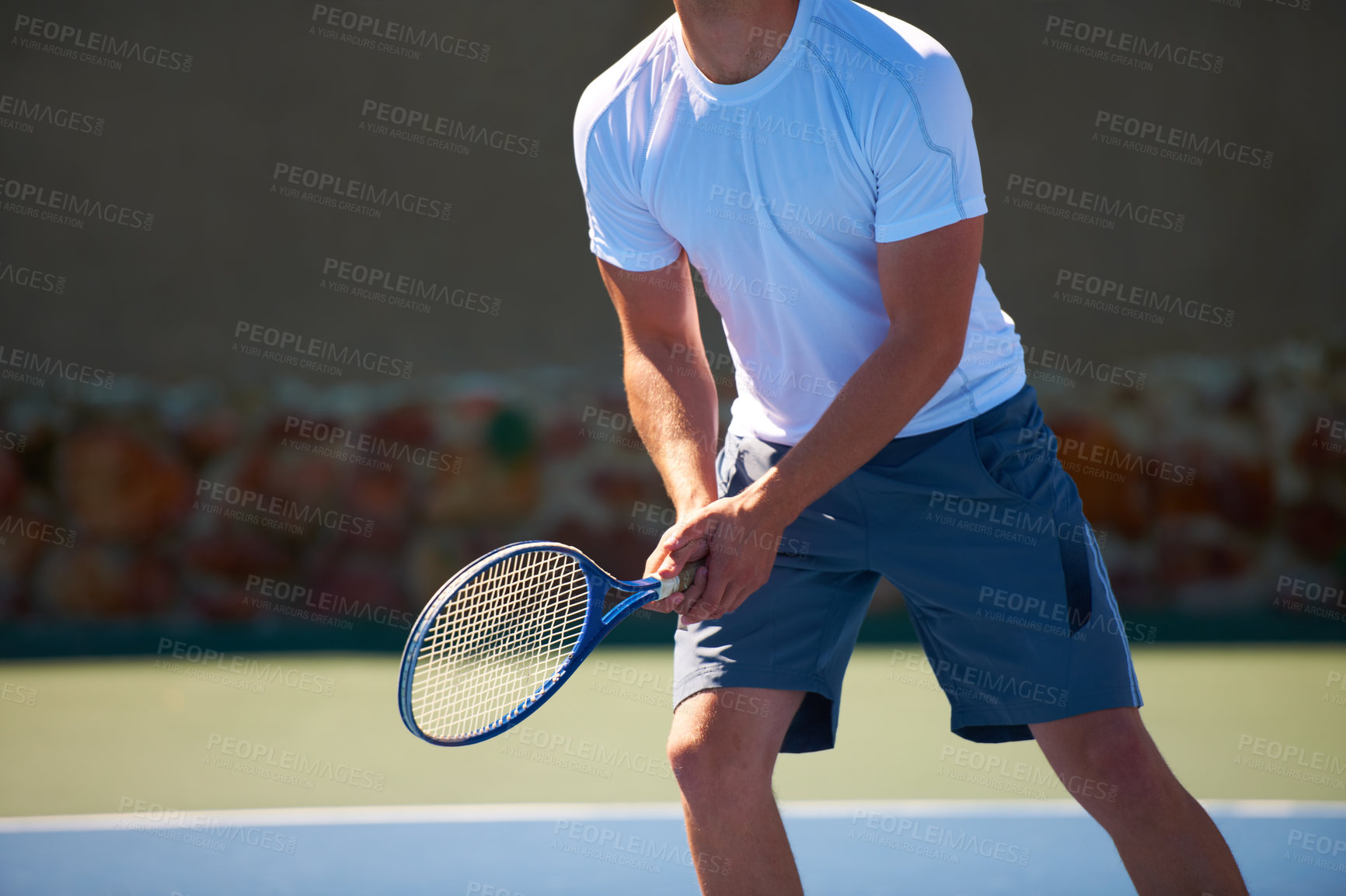 Buy stock photo Man, racket and ready for tennis match, athlete and sports on court, turf and fitness. Male person, cardio and exercise or practice in outdoors, training and active for competition, skill and game