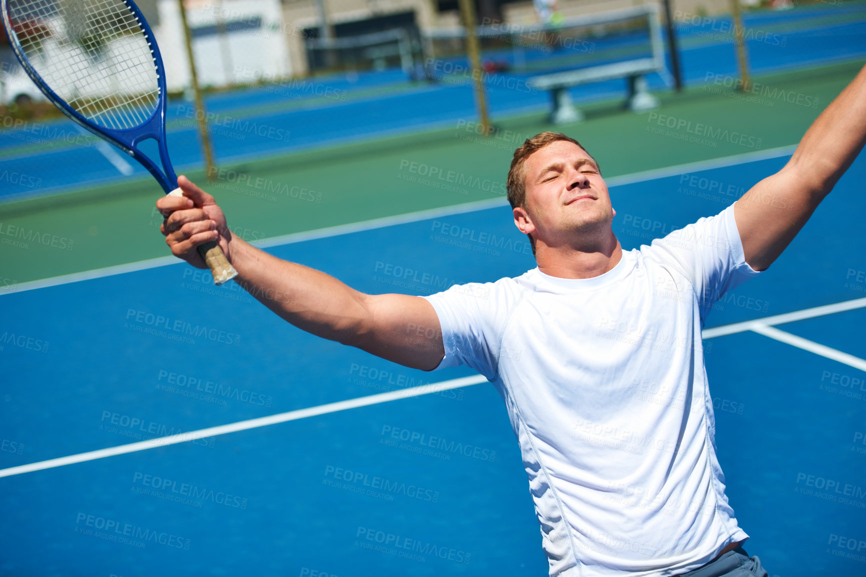 Buy stock photo Man, celebration and happy for win, tennis match and triumph on court, game and successful for exercise. Male person, athlete and wellness in outdoors, competitive and training or sports achievement