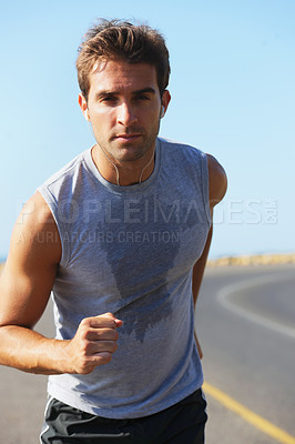 Buy stock photo Sports, sweat and man athlete in mountain running for race, marathon or competition training. Fitness, workout and body of male runner doing a cardio exercise for health or wellness in outdoor nature