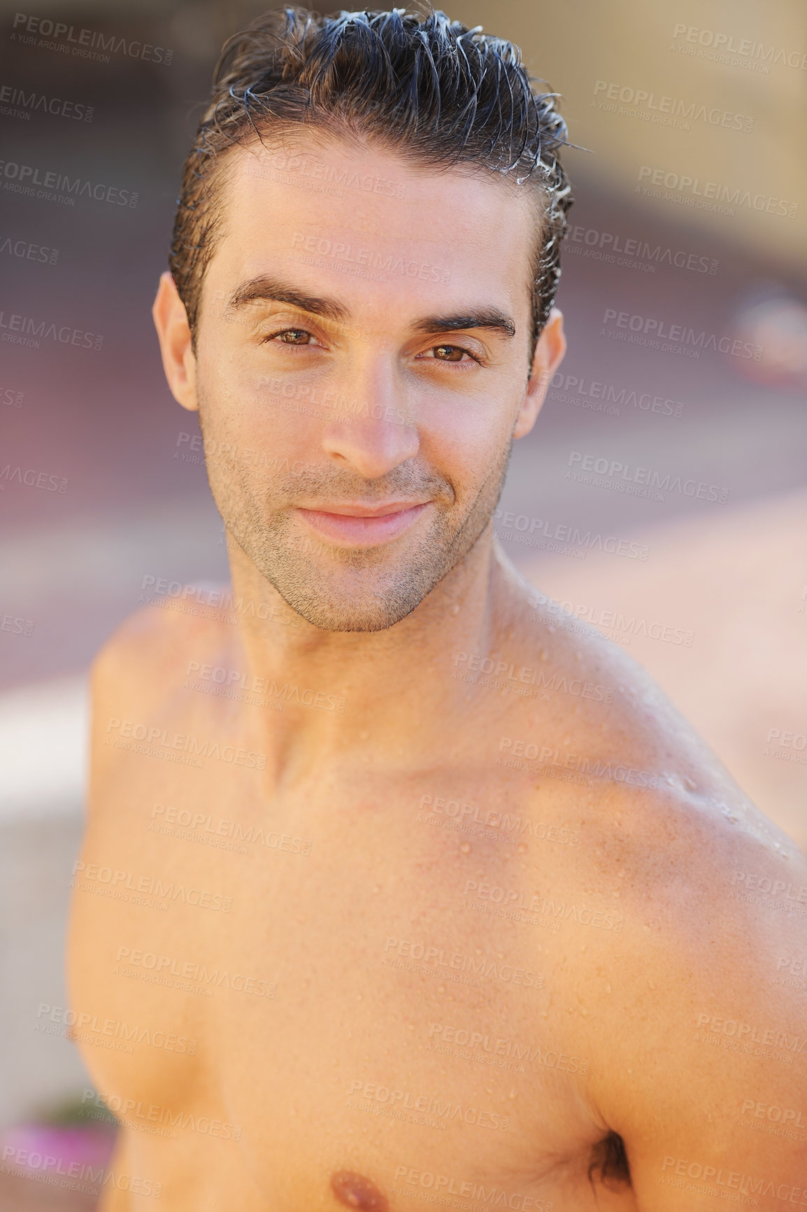 Buy stock photo Body, portrait or beach athlete in water swimming, surfing or sports in Brazilian nature or relax summer break. Happy face, man or wet person shirtless in training workout, exercise or surfer fitness