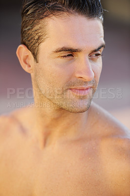 Buy stock photo Man, body and beach athlete in water swimming, surfing and sports in Brazilian nature and relax summer break. Serious face, wet and shirtless person thinking of training workout, exercise and fitness