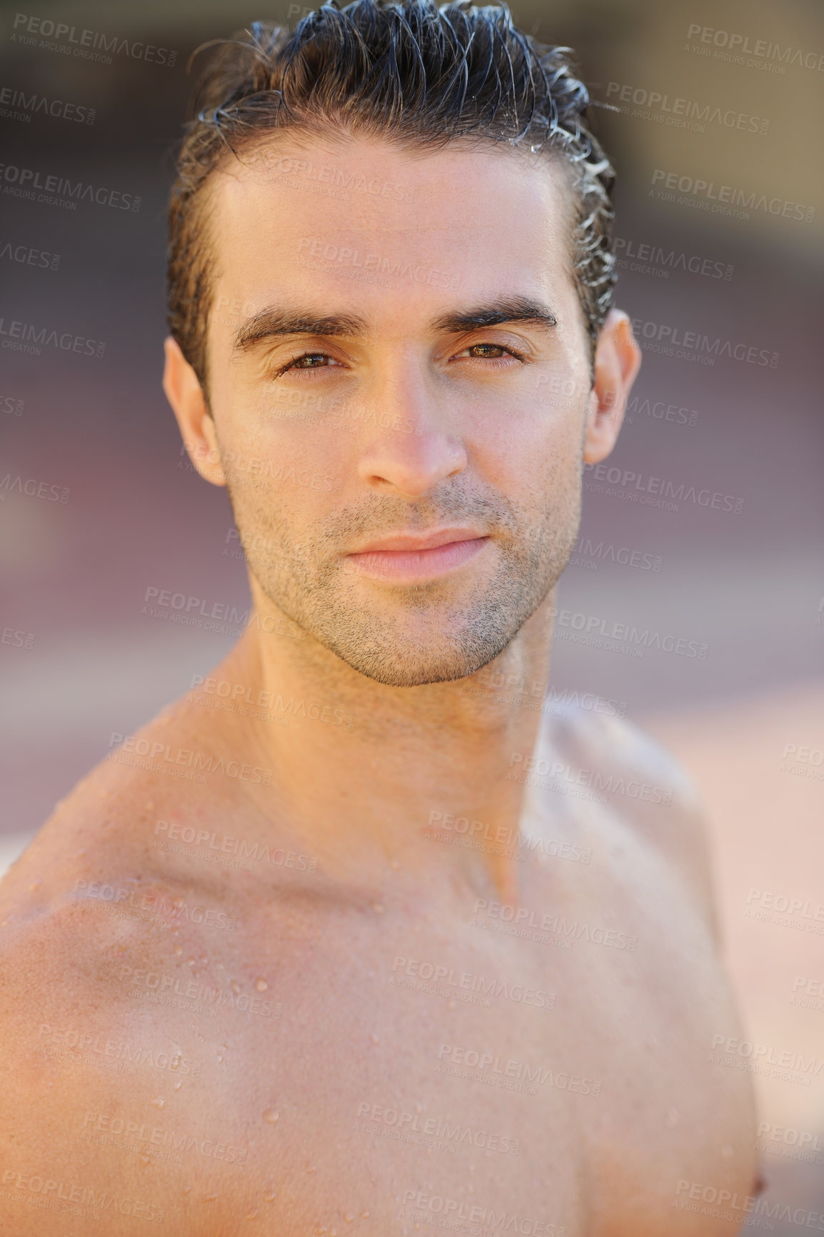 Buy stock photo Body, portrait or man for water swimming, surfing or sports in Brazilian nature or beach for relax summer break. Serious face, athlete or wet person shirtless for training, exercise or surfer fitness