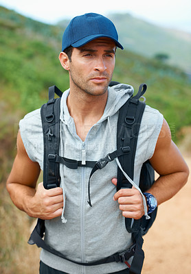 Buy stock photo Man, hiking and fitness or exercise for health, adventure and trekking in nature, outdoor and travel. Male person, journey and freedom or active, cardio and workout on vacation or holiday in Mexico