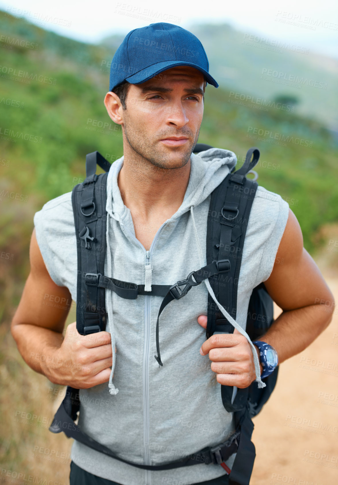 Buy stock photo Man, hiking and fitness or exercise for health, adventure and trekking in nature, outdoor and travel. Male person, journey and freedom or active, cardio and workout on vacation or holiday in Mexico