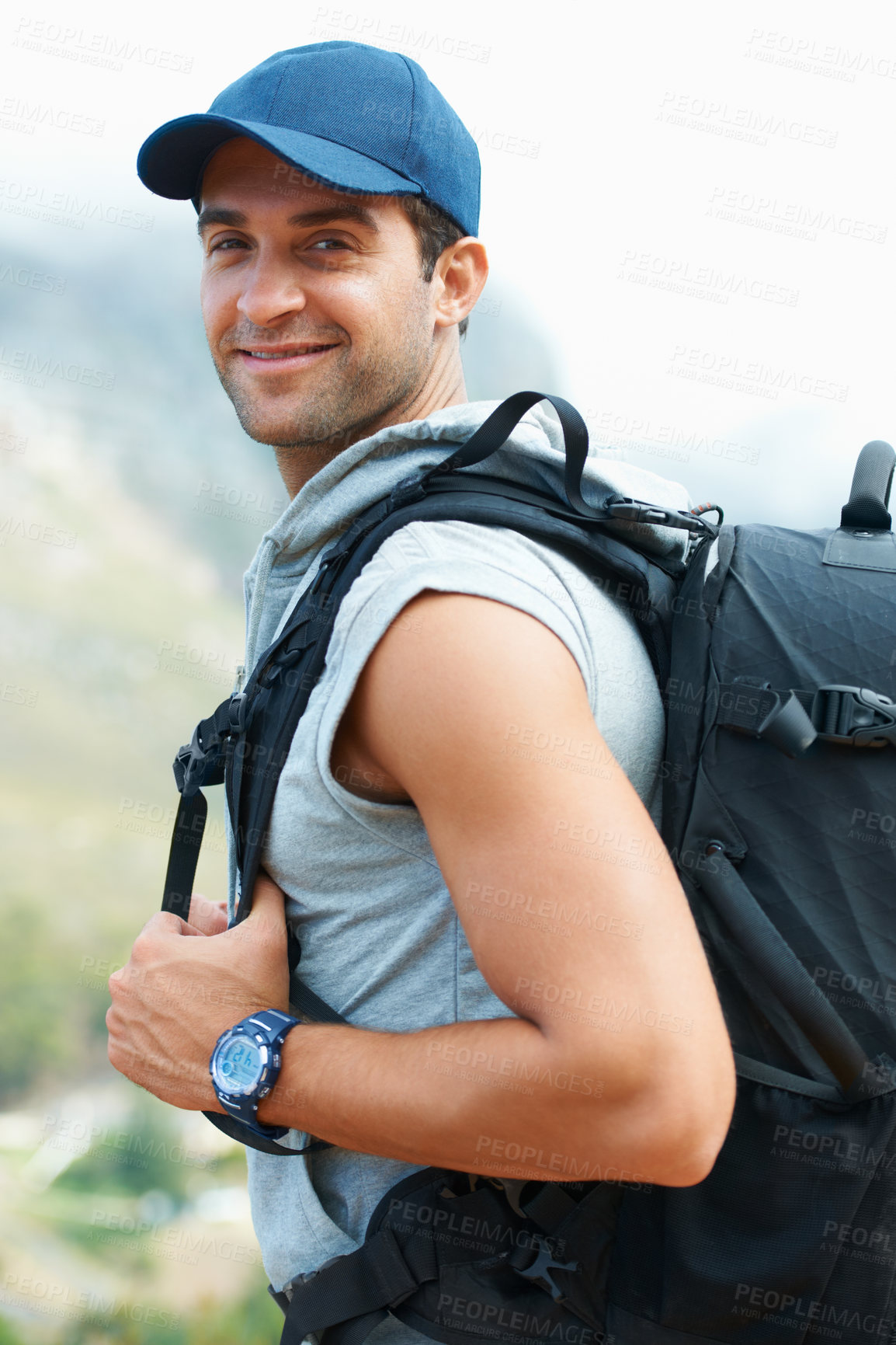 Buy stock photo Man, portrait and hiking or exercise for health, adventure and trekking in nature, outdoor and travel. Male person, journey and freedom or smile, cardio and workout on vacation or holiday in Mexico