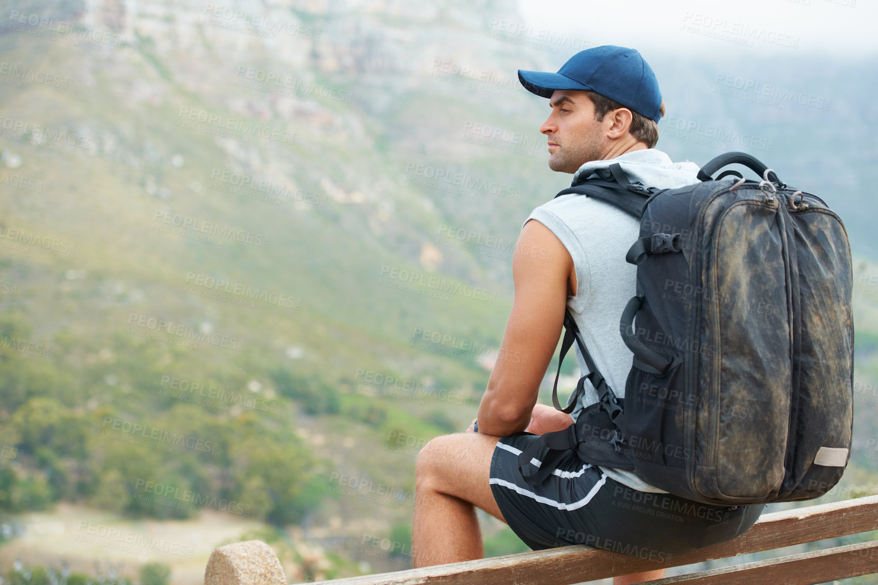 Buy stock photo Thinking, man or rest in nature hiking with backpack for workout, training or exercise view. Hiker, person or planning on relax mountains for health, wellness or sports vision for Brazil summer break