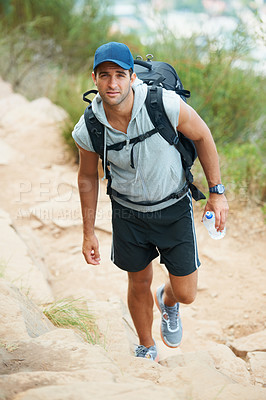 Buy stock photo Portrait, hiking and man with nature, fitness and exercise with wellness, fresh air or challenge. Person, hiker or guy with backpack, hobby or activity with workout, training or endurance with travel