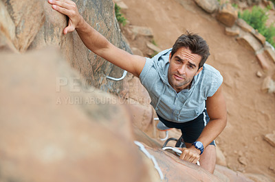 Buy stock photo Fitness, challenge and rock with man and climbing in nature for adventure, health or performance. Training, environment and explore with person on cliff of mountain terrain for backpacking and travel