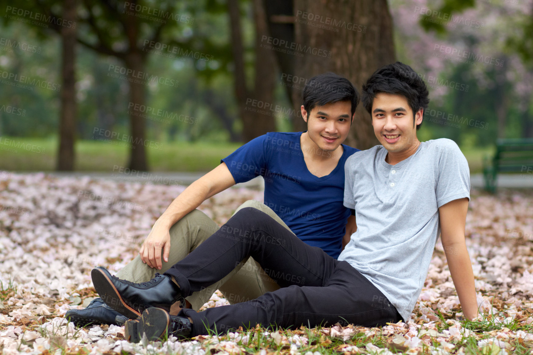 Buy stock photo Asian, gay and men in park, portrait of couple on nature date and life together with homosexual, pride and happiness. Young male people relax outdoor in Korea, LGBT and romance, relationship and love