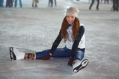 Buy stock photo Woman, ice skater and sitting in portrait with smile for workout, training and exercise for winter sports. Girl, skating rink and happiness for sport, skate or fitness with excited face for lifestyle