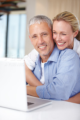 Buy stock photo Married couple, laptop and remote work with smile, embrace and living room couch. Social media, technology and communication with love, man and woman with connection, streaming and conversation