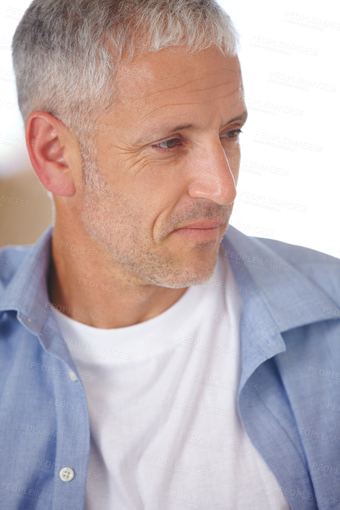 Buy stock photo Mature man, face and thinking of memory, nostalgia or past in home with closeup. Male person, alone and sad expression for depression, mental health or stress with anxiety, worry or fear for mistake