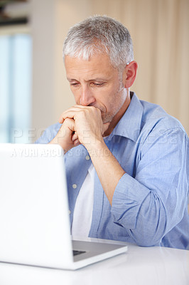 Buy stock photo Mature man, laptop and thinking or stress, burnout and anxiety for challenge on technology. Male person, internet and question or doubt for information, brainstorming and online research or planning